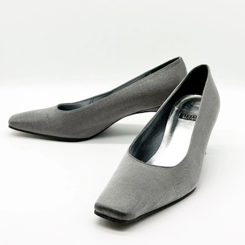 Stuart Weitzman Vintage 80s Metallic Grey Square Toe Kitten Heels Women's Size 7